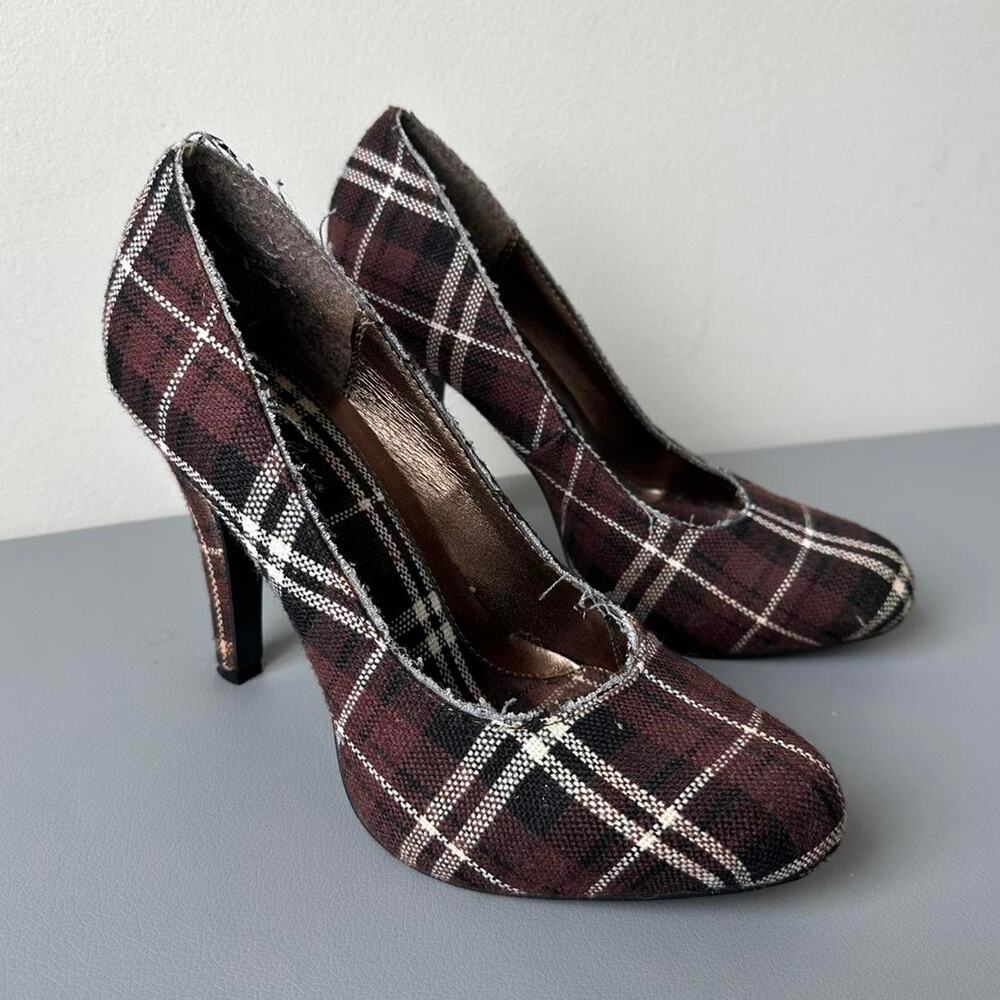 Iconic epic y2k glam plaid tweed brown pump hi heels wedge